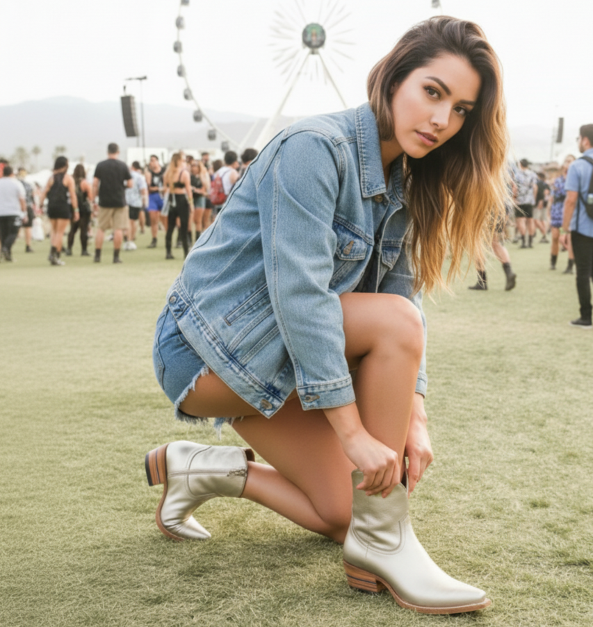 A festival-goer kneeling on the grass at Coachella, pulling on a pair of cream western boots.